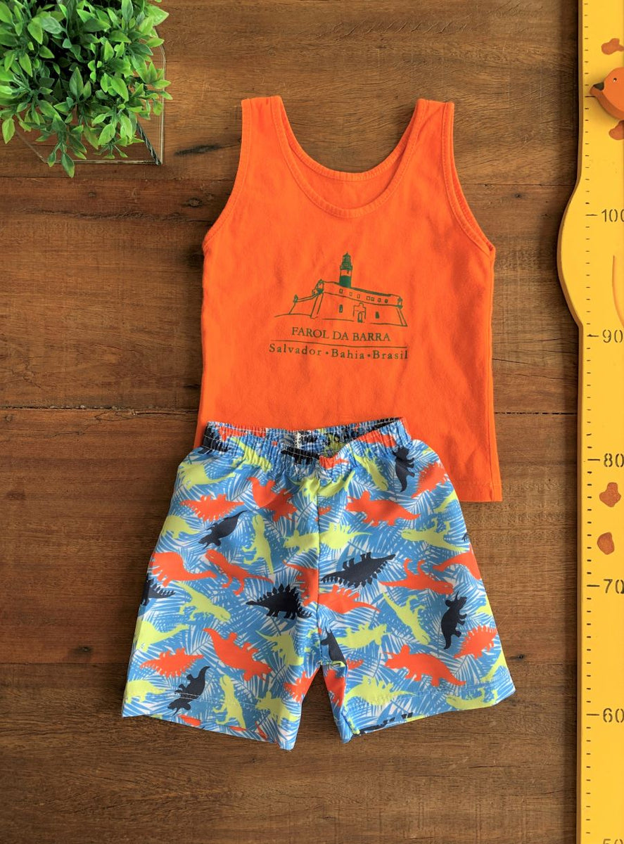 Conjunto Regata E Short Tactel Dinossauro Jurassic Period Verde