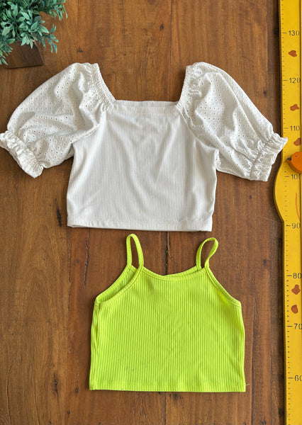 Kit 2 Blusas Cropped Amarelo Neon e Branca TAM 7-8 Anos