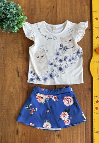 Conjunto Infantil Camiseta Gatinho e Short Saia Milon TAM 3 Anos