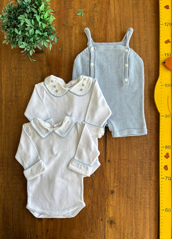Jardineira em Tricot e Body Bordado Trigo Estrelas Nina & Maria TAM 1 a 3 Meses