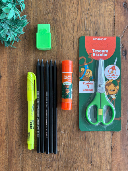 Kit Escolar Lápis, Borracha, Tesoura, Cola Bastao e Marca Texto NOVO Jocar Office