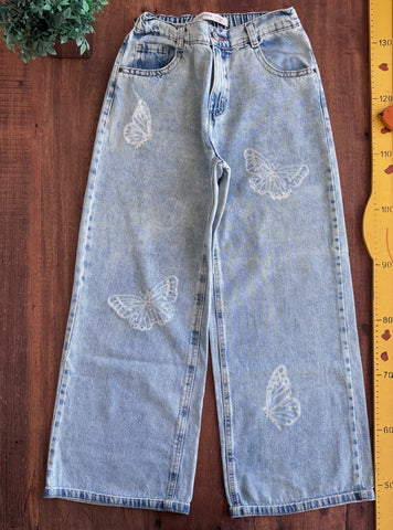 Calça Wide Leg Infantil Jeans com Estampa de Borboletas TAM 11 - 12 Anos 152 cm