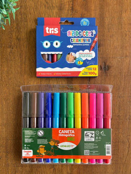 Kit Escolar Novo Lacrado - Caneta Hidrocor - Giz de Cera (2 itens)  Leo&Leo KIT01