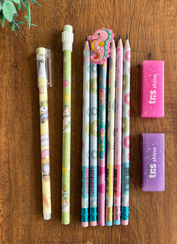 Kit Escolar 5 Lápis 2HB Donuts, 1 Lápis Topo Aqua, 1 Caneta Apagável Unicórnio 2 Borrachas Gliter  NOVO Tris KIT15