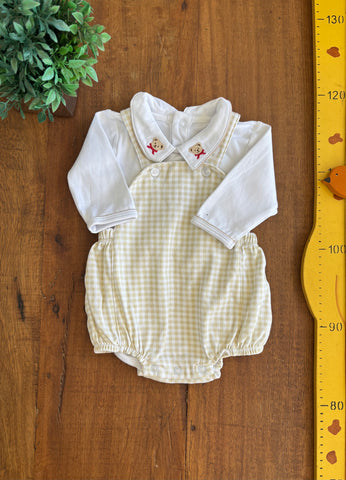 Conjunto Bebê Jardineira e Body 100% Pima Vichy Areia Little Bloom TAM 3 Meses