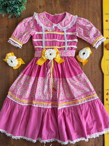 Vestido Caipira Festa Junina Florido Rosa com Presilhas TAM 12 Anos
