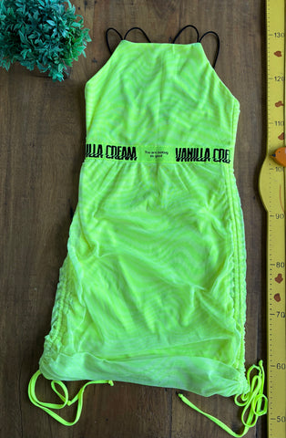 Vestido Teen com Alça Amarelo Neon Sobreposição em Tule Vanilla Cream TAM 12 a 14 Anos
