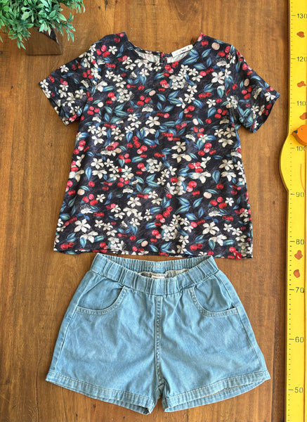 Conjunto Bata Reserva Mini Floral e Shorts Jeans Pulla Bulla TAM 8 Anos