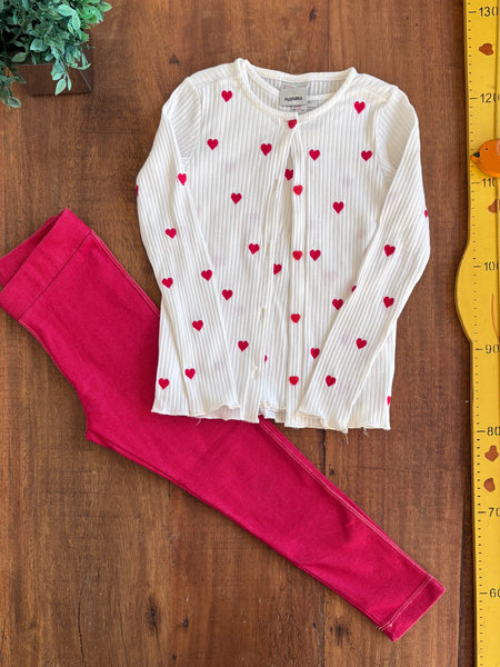 Conjunto Fuzarka Cardigan c Blusa Canelado Corações e Legging TAM 5/6 Anos