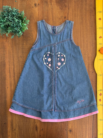 Vestido Infantil Jeans Sobreposicao Coracao Bordado Lily Rio TAM 6 Anos