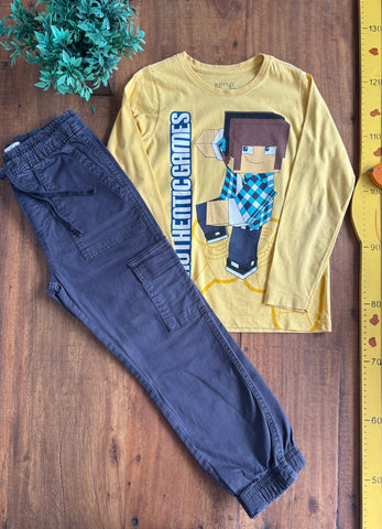 Conjunto Calça Bolso e Camiseta Minecraft TAM 7/8 Anos
