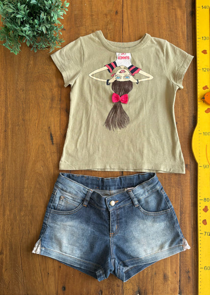 Conjunto Camiseta Summer Cat e Shorts Jeans TAM 12 Anos