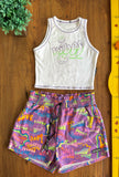 Conjunto Feminino Vanilla Cream Teen Regata Branca Vibes e Shorts Lilás TAM 12-13 Anos