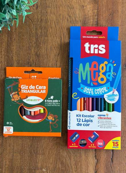 Kit Escolar 1 Caixa Lápis de Cor Mega Soft 12 Cores e 1 Caixa e Giz de Cera Triangular 12 Cores NOVO Tris KIT4