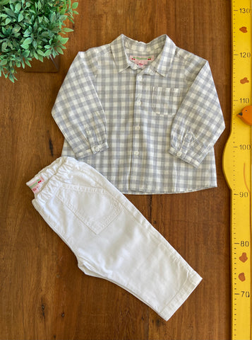 Conjunto Bebê Bonpoint Camiseta Xadrez e Calça Sarja Branca | Como Novo TAM 12 Meses