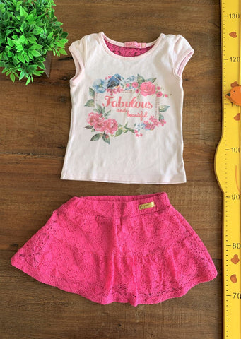 Conjunto Shorts Saia Renda  Camiseta Estampada Rosa Dila | Usado TAM 2 Anos