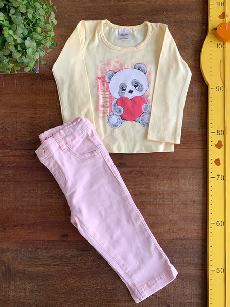 Conjunto Calça Brim Rosa e Camiseta Urso Amarela Teddy Boom TAM 9 a 12 Meses