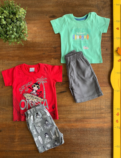 Conjuntos Camiseta e Shorts Vermelho (Alenice) e  Verde Teddy Boom TAM 3 a 6 Meses