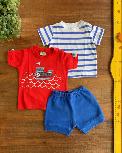 Kit 2 Camisetas Vermelha (Have Fun) e Listrada (Tyrol) e Shorts Malha Azul TAM P