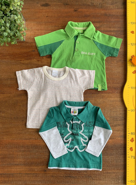 Kit 3 Camisetas Verde Escuro (Sempre Kids) Verde Clara (Gira Baby) e Bege (Ano Zero) TAM P