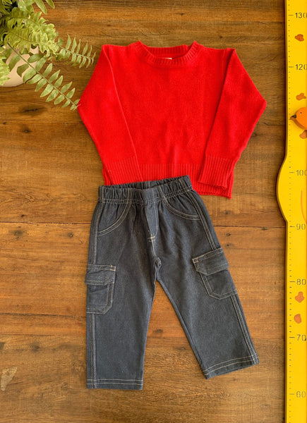 Conjunto Malha Vermelha Buá e Calça Jeans Malha Mini & Kids TAM M