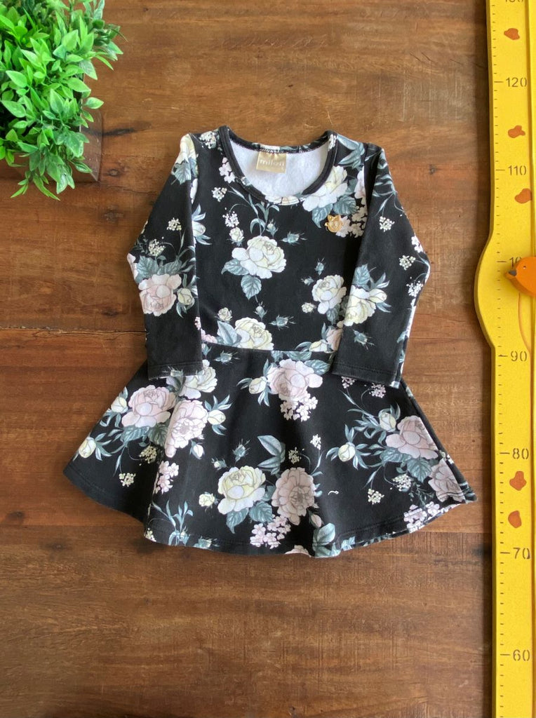 Vestido Manga Longa Malha Florido Preto Milon TAM Ano – Sabia
